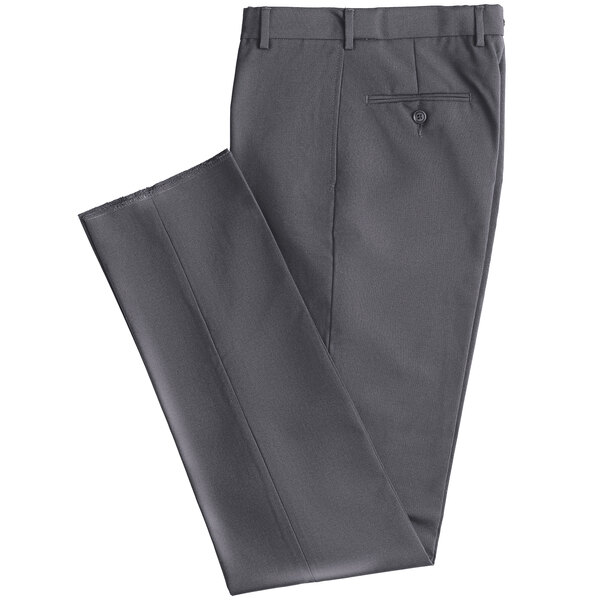 Henry Segal women's grey flat front suit pants folded up on a white background.