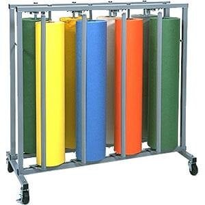 A Bulman vertical rack holding multicolored rolls of paper.