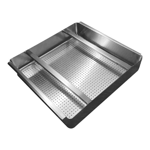 A stainless steel Advance Tabco pre-rinse basket with holes.