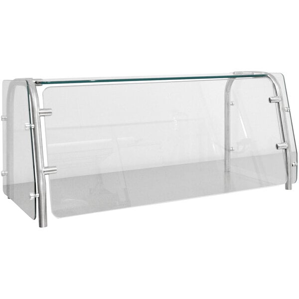 An Advance Tabco cafeteria food shield with clear plastic and glass shelves and a metal frame.