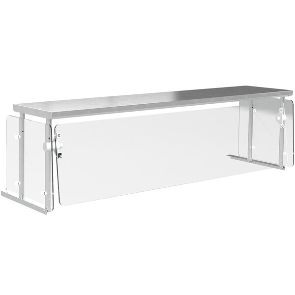 A white rectangular table with a stainless steel shelf and a clear glass cafeteria food shield.