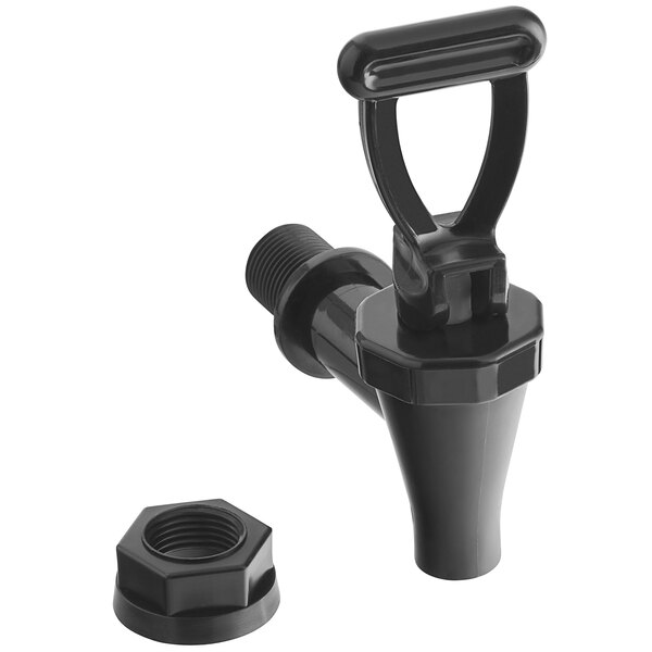 A black plastic spigot with a nut.