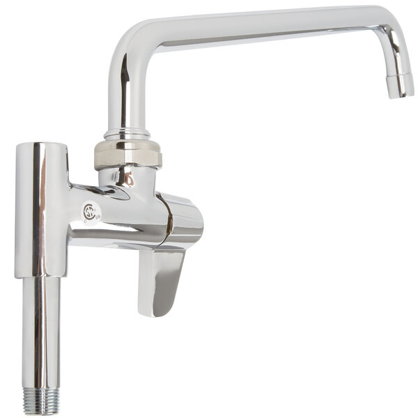 A chrome Equip by T&S add-on faucet with a long spout.