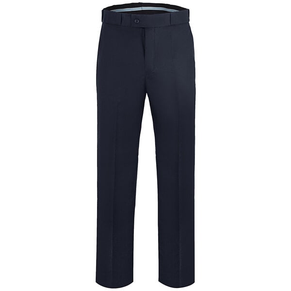 A close-up of Henry Segal women's navy dress pants with a buttoned waist.