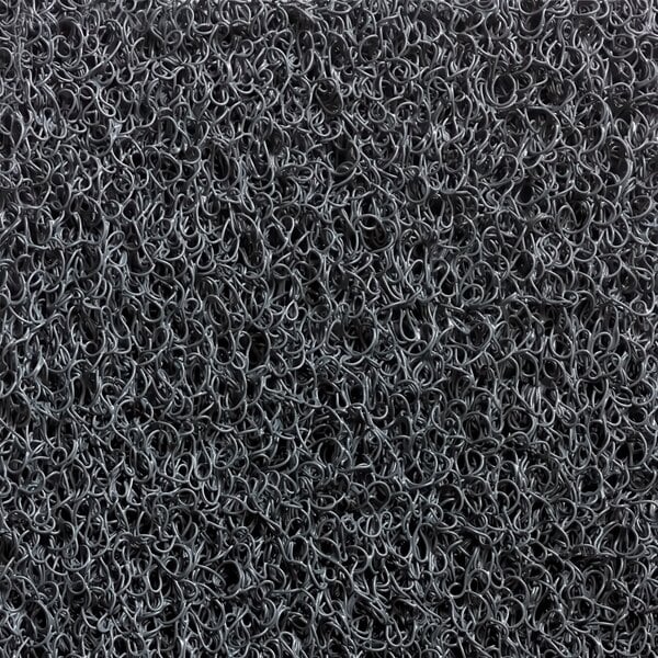 A close-up of a grey unbacked scraper mat with black rings.