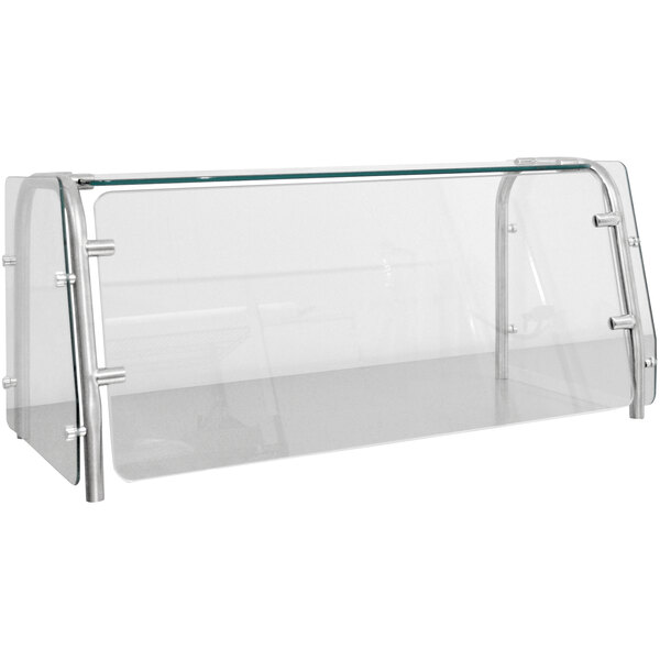 An Advance Tabco single tier cafeteria food shield with clear plastic and glass shelves.