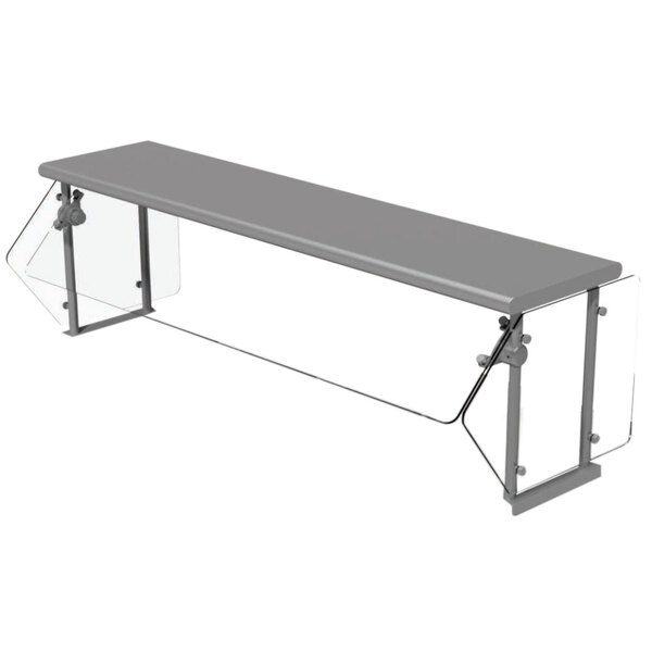 A grey metal and glass self service food shield on a counter.