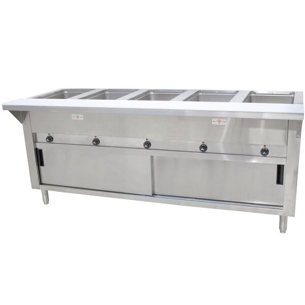 An Advance Tabco stainless steel hot food table with enclosed sliding doors.