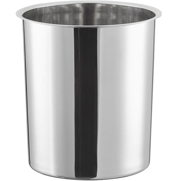 A silver container with a black handle.