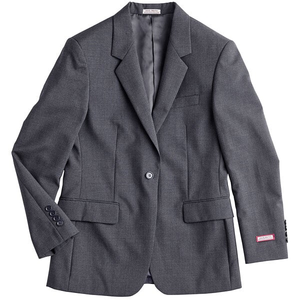 A Henry Segal women's customizable gray suit jacket with a red button.