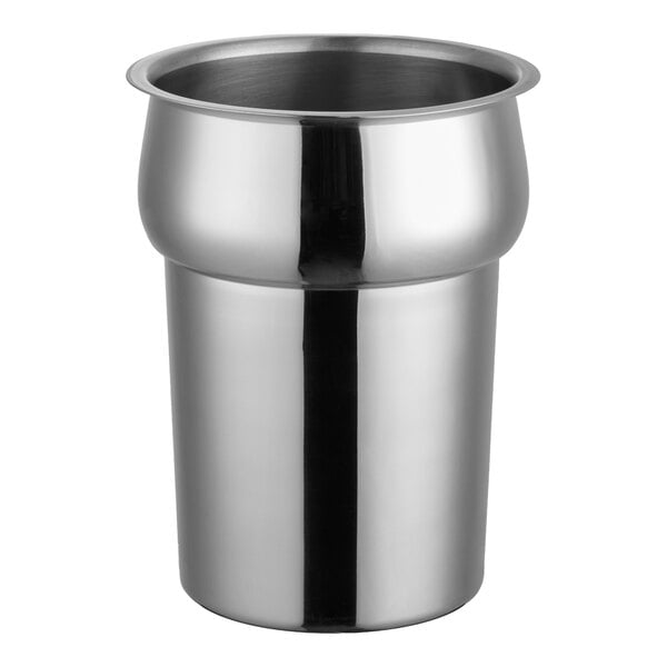 A shiny, cylindrical stainless steel container with a flared rim and a slightly bulging upper section.
