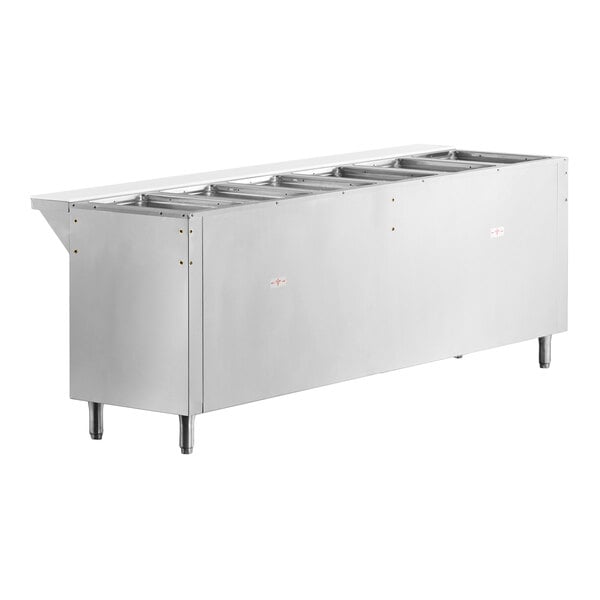 A stainless steel six pan electric hot food table with a partially enclosed base and sealed wells.
