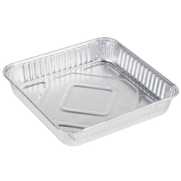 An 8" square foil cake pan with a lid.