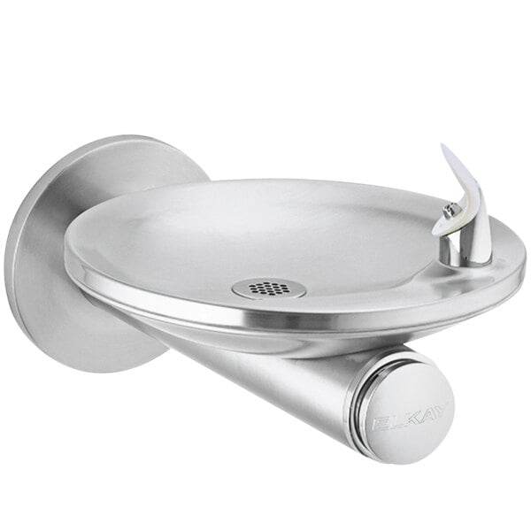 Elkay stainless steel wall mount drinking fountain with a splash-resistant oval basin.