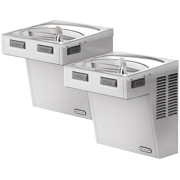 An Elkay stainless steel mechanical activation wall mount drinking fountain with two dispensers.
