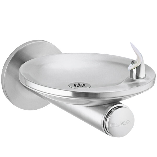 A silver Elkay wall mount drinking fountain with a splash-resistant oval basin.