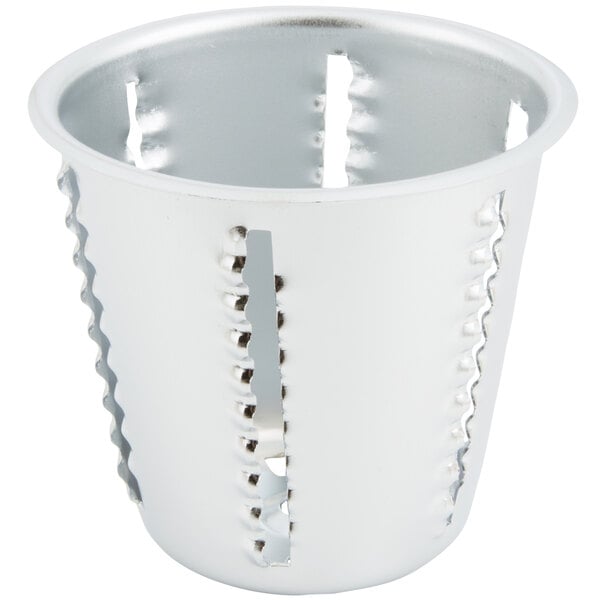 A silver metal cone with holes.