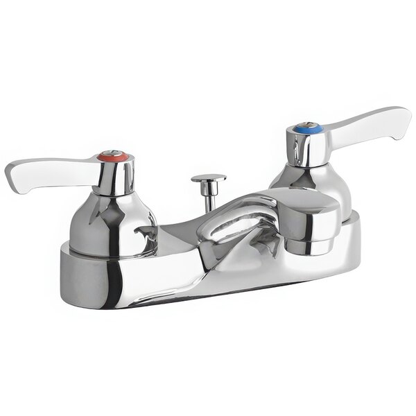 A Zurn Elkay chrome deck-mount faucet with two 2" lever handles.