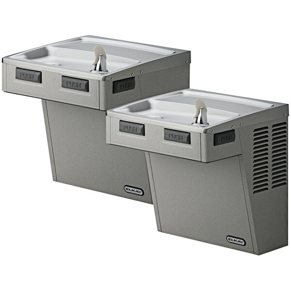 An Elkay light gray granite wall mount bi-level water fountain with a push button.