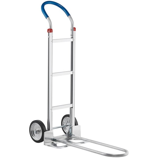 A Lavex aluminum hand truck with a blue handle.