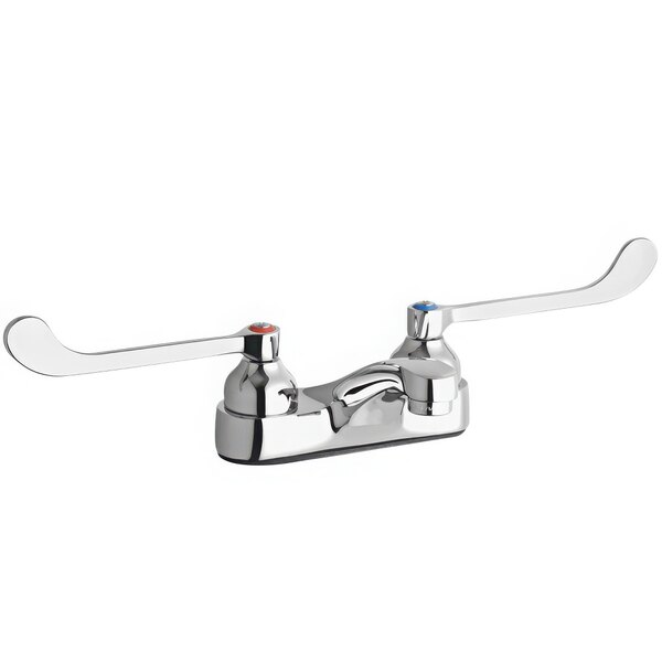 A Zurn Elkay chrome deck-mount faucet with 6" wristblade handles.