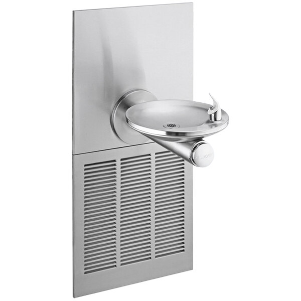 An Elkay stainless steel wall mounted drinking fountain with a metal oval basin and frame.