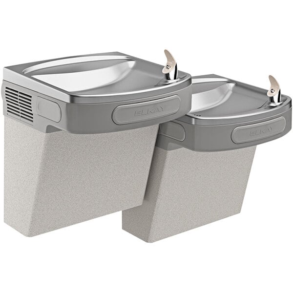 An Elkay light grey bi-level wall mount drinking fountain with two water dispensers.