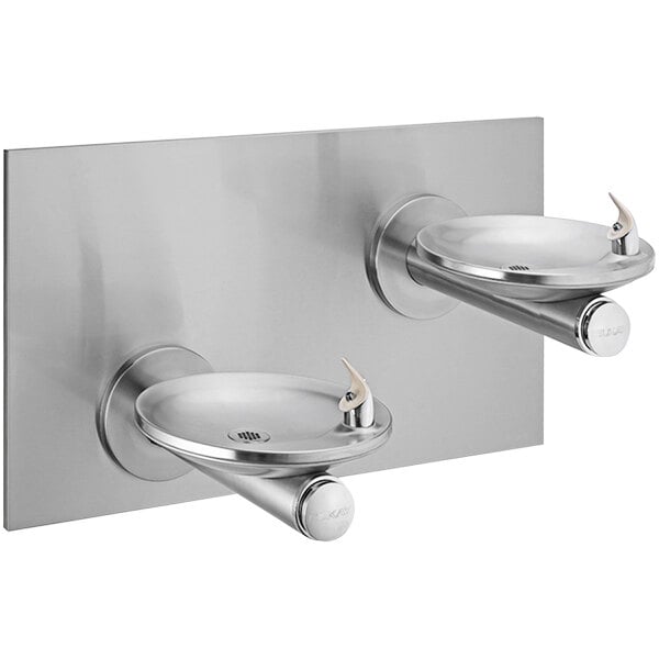 Elkay stainless steel wall mount reverse bi-level drinking fountain with two oval basins and frames.