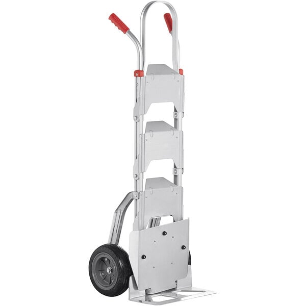A Lavex aluminum hand truck with wheels and red handles.