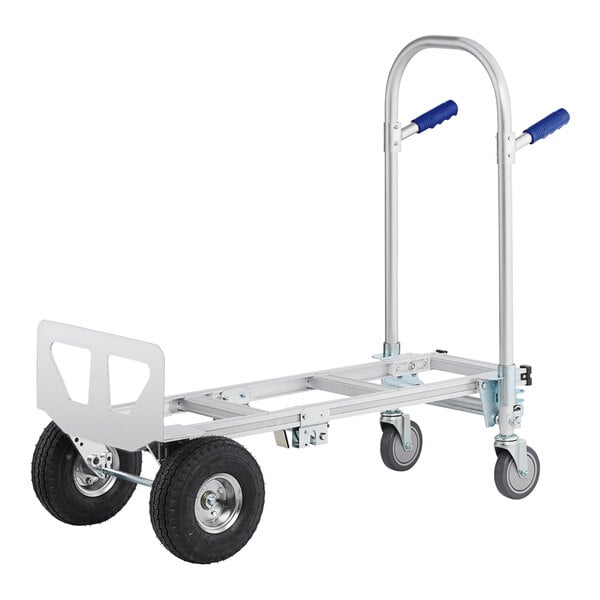 A silver Lavex hand truck with blue handles and pneumatic wheels.