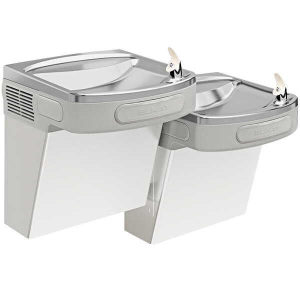 An Elkay stainless steel bi-level drinking fountain with an extra deep basin.