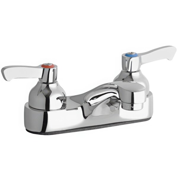A Zurn Elkay chrome deck-mount faucet with two lever handles.