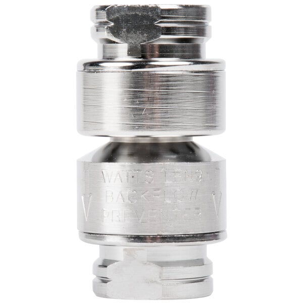 A stainless steel T&S backflow preventer with a silver cap.