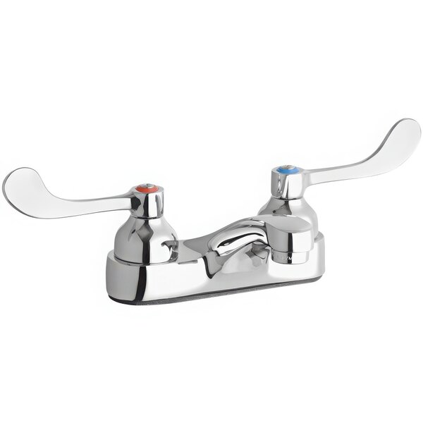 A Zurn Elkay chrome deck-mount faucet with 4" wristblade handles.