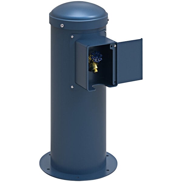 A blue metal water hydrant with a yellow handle.