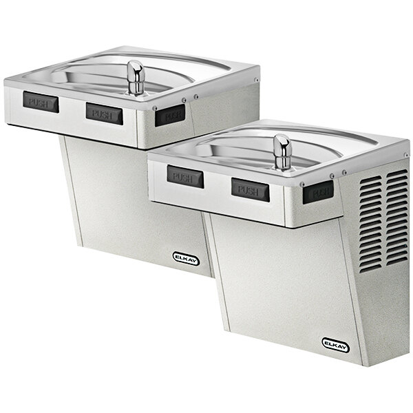 An Elkay stainless steel bi-level water fountain with mechanical activation.