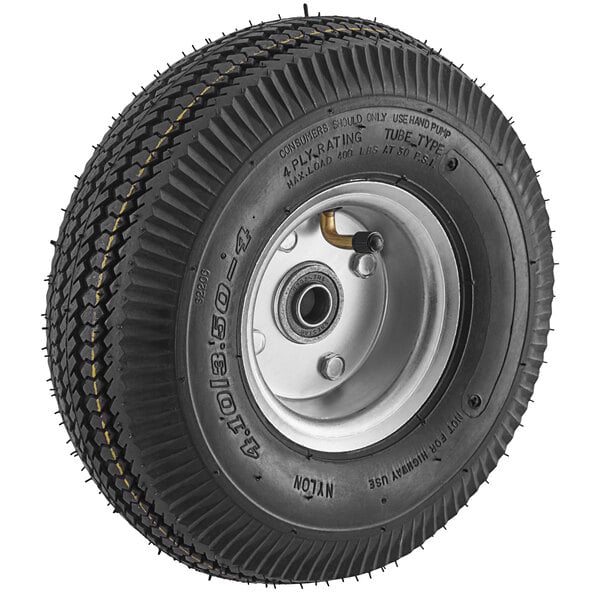A black tire with a silver rim.