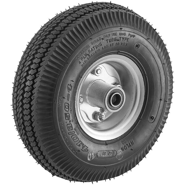 A black pneumatic wheel with a silver rim and spokes.