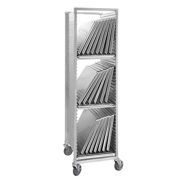 A silver metal Cres Cor pan drying rack with several shelves.