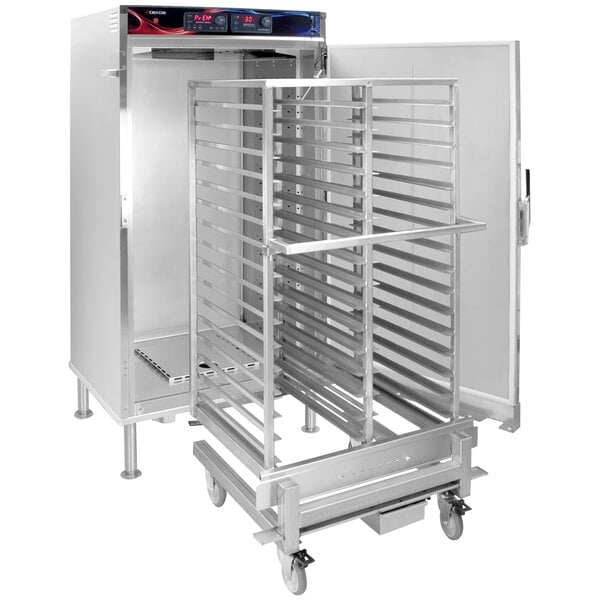 A stainless steel Cres Cor Roll-In Heat-N-Hold oven with a large metal rack on wheels.