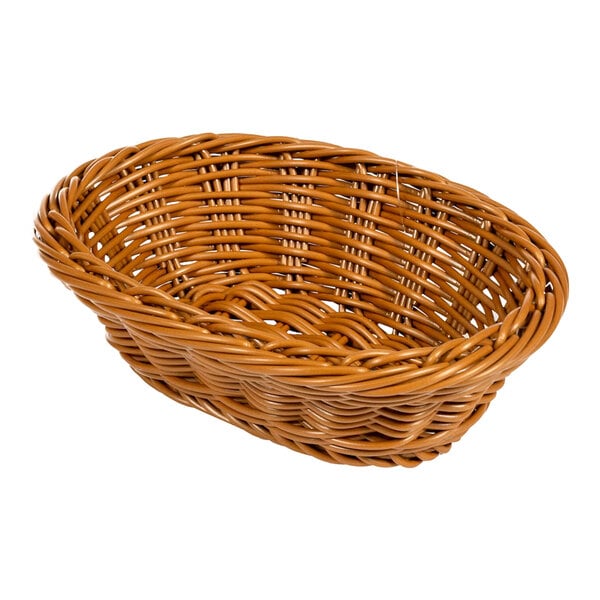 A honey oval plastic basket with a basket weave pattern.