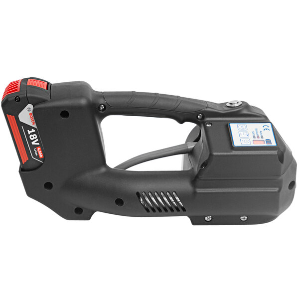 A black and red battery operated PAC Strapping Products strapping tool with a handle.