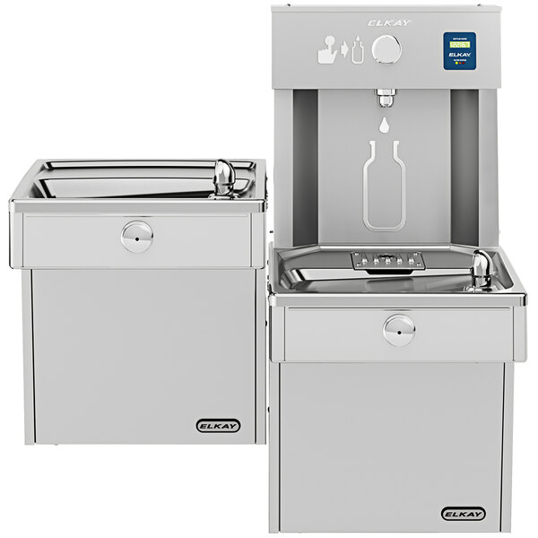 An Elkay stainless steel bi-level water fountain and bottle filling station.