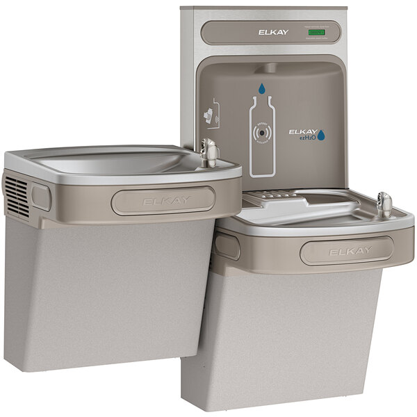 An Elkay light gray bi-level water bottle filling station and drinking fountain.