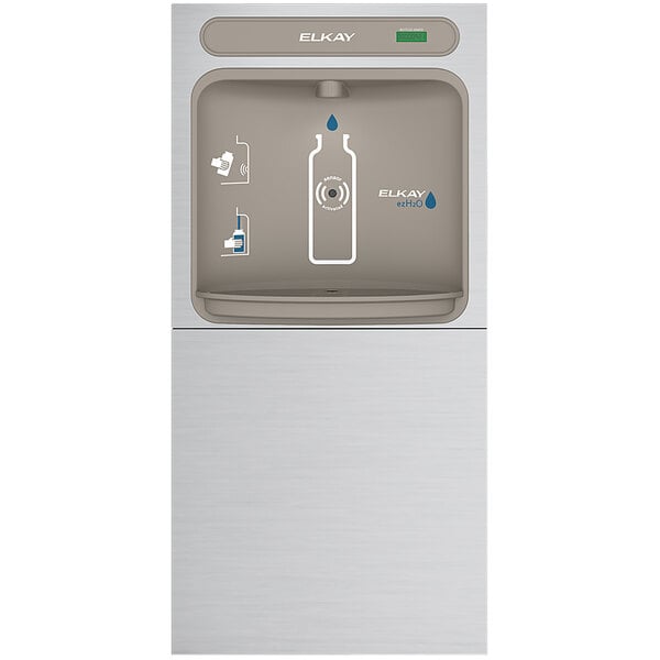 An Elkay stainless steel in-wall bottle filling station.