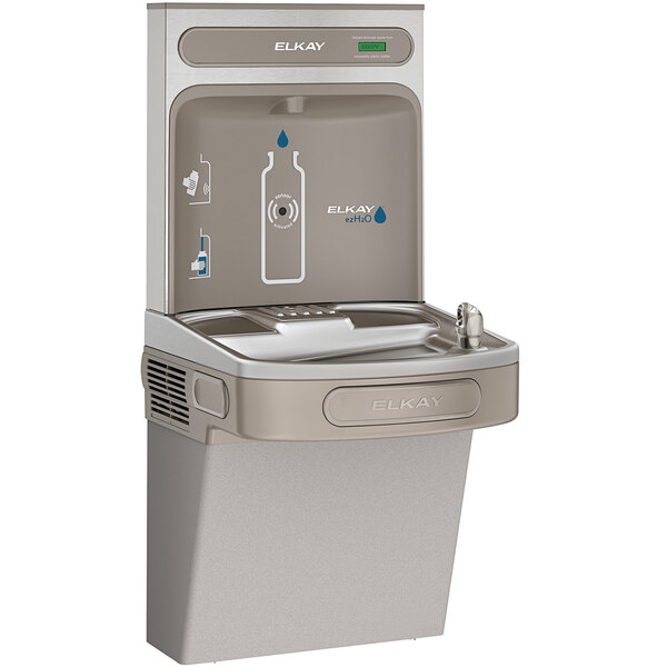 An Elkay light gray hands-free water bottle filling station and drinking fountain.