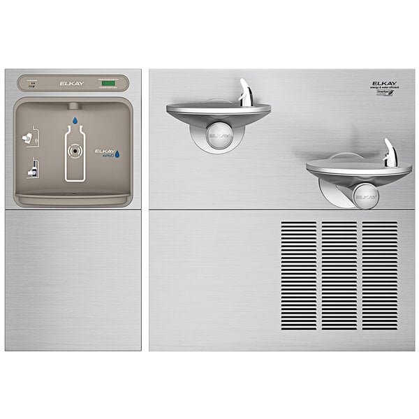 An Elkay stainless steel bi-level water bottle filling station with two faucets over a white circle.