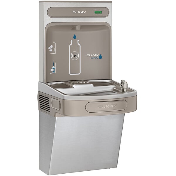 An Elkay stainless steel water fountain with a silver water bottle filler.