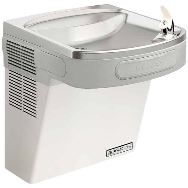 An Elkay stainless steel wall mount drinking fountain with water tap.