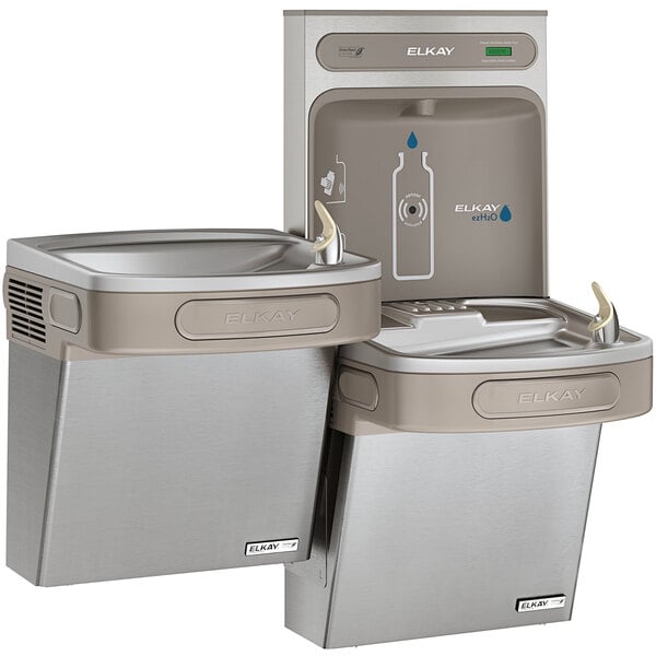 An Elkay stainless steel bi-level water fountain with a bottle filler.